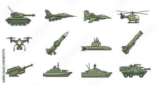 Military Vehicle and Weapon Icons Set, Army Transportation and Combat Equipment Flat Vector Illustration