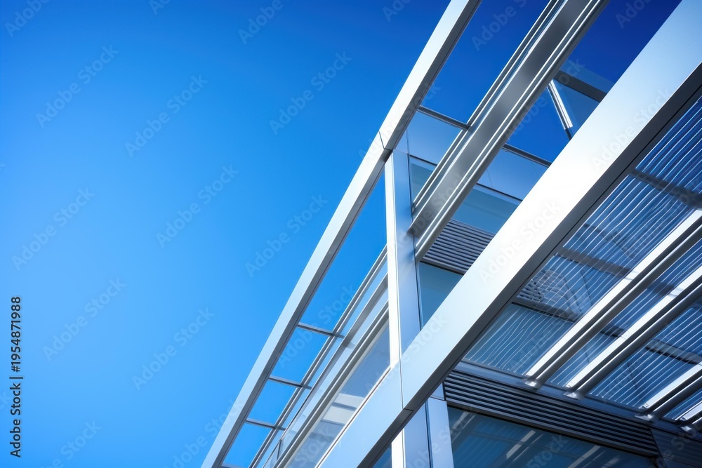 Obraz premium Modern architectural details featuring glass, steel, and geometric lines under a clear blue sky