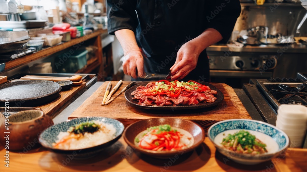 Obraz premium Chef Slicing Fresh Meat and Preparing Tasty Garnishes in Cozy Restaurant Kitchen with Asian Cuisine Elements and Vibrant Ingredients Displayed