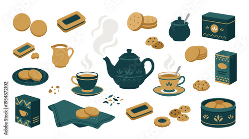 Tea time set with teapot cups cookies and tea boxes in flat style