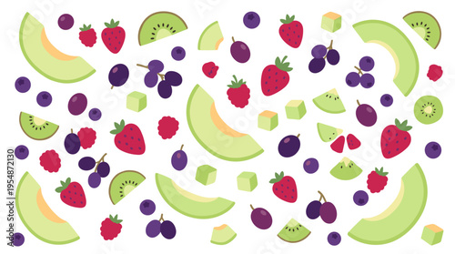Fresh Fruit Mix Pattern with Melon Kiwi Strawberry Raspberry and Grapes
