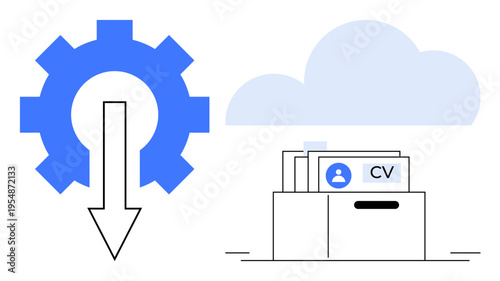CV management. A gear icon with a download symbol and a folder storing CVs, alongside a cloud. CV management, data storage, and streamlined file organization. Ideal for HR, cloud services, and data