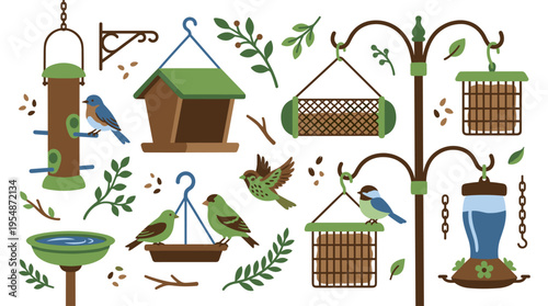 Set of bird feeders and birdhouses with wild birds and nature elements