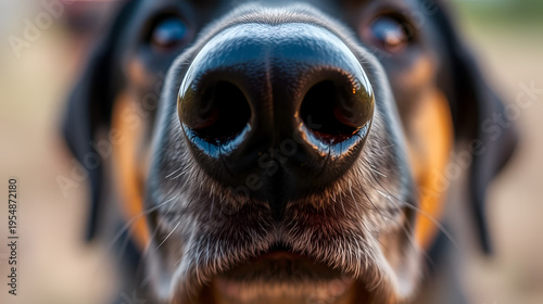 Close-up view of a dog's nose, using a macro lens to emphasize the senses related to drug detection and scent tracking.