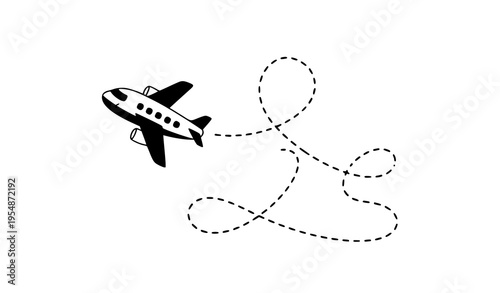 Playful cartoon airplane with curved dotted flight path vector illustration