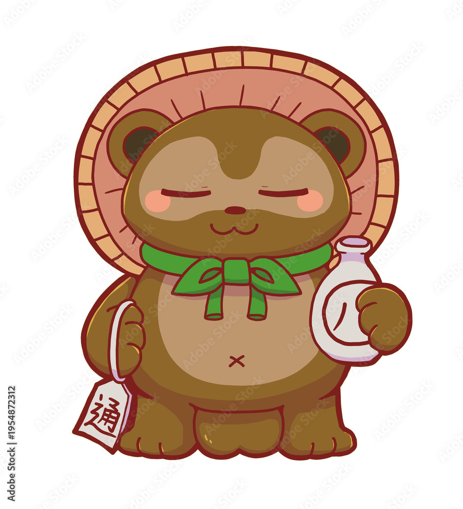 Naklejka premium Hand Drawn Cute Japanese Tanuki Statue for Good Luck – Kawaii Deformed Lucky Raccoon Dog Ornament Illustration