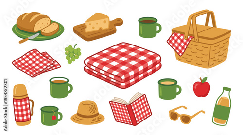 Picnic elements set with food basket and checkered blanket