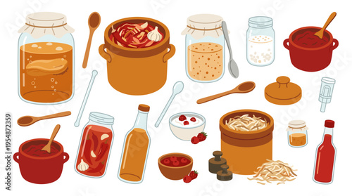 Fermented food and drink collection with jars pots and wooden spoons