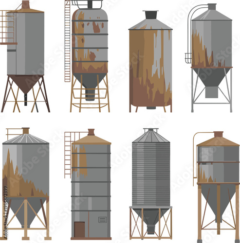 Rusty industrial grain silos vector illustration featuring metal storage tanks agricultural farm equipment weathered containers rural industry collection set