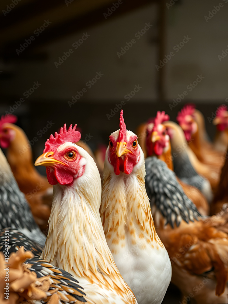 Fototapeta premium Chickens waiting to be fed up, they are looking at the camera.