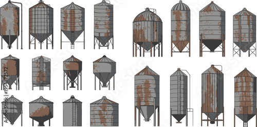 Rusty grain silos vector illustration set featuring old metal storage tanks agricultural farm equipment industrial containers weathered texture collection