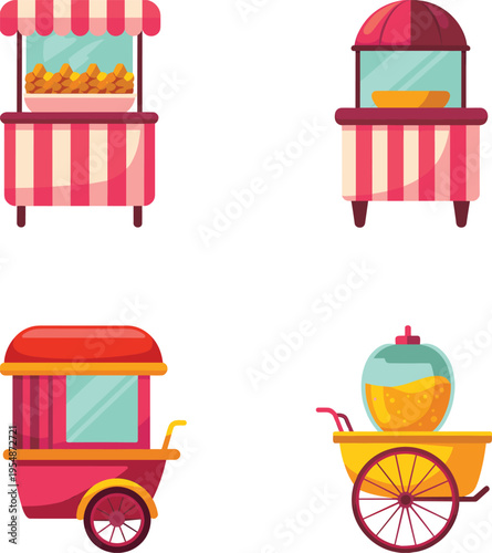 Street food carts vector illustration with snack stalls mobile vendors fries and juice carts colorful outdoor market equipment collection