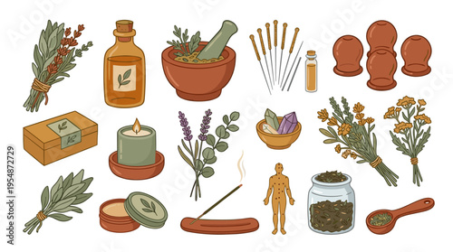 Alternative medicine and holistic wellness elements set