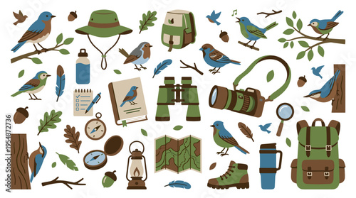 Bird watching and hiking equipment set with cute birds and outdoor gear icons
