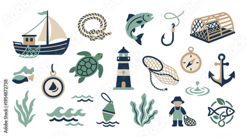 Set of nautical and fishing themed icons and design elements
