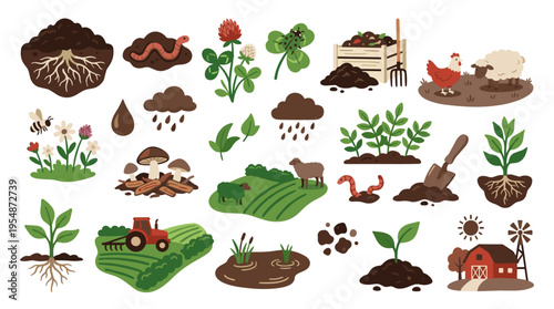 Set of organic farming and agriculture icons featuring soil plants animals and farm equipment