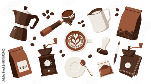 Coffee making equipment collection with beans and accessories