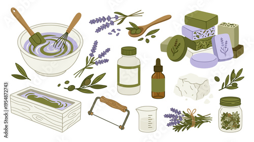 Handmade soap making kit with lavender and olive oil ingredients