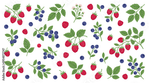 Seamless pattern of fresh raspberries and blueberries with green leaves on white background