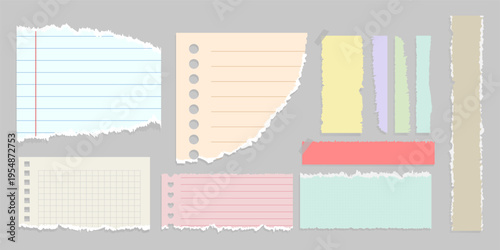Realistic torn notebook paper set with ripped note sheets, strips and tags, school notebook tear texture elements