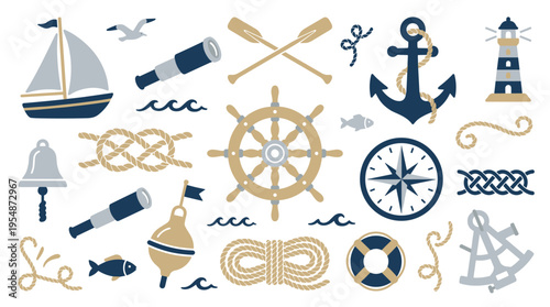 Nautical elements set with boat anchor lighthouse and marine navigation tools