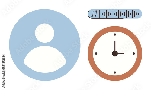 Time management, media interaction, digital tools, scheduling, personal branding, productivity apps. A user icon, clock and audio bar. Time management and media interaction concept