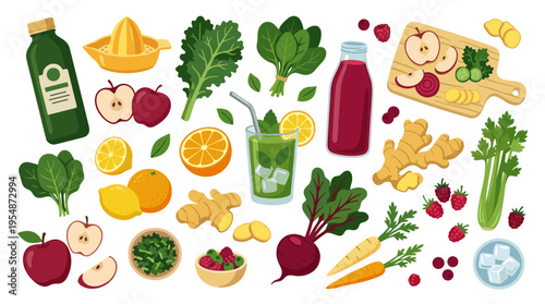 Fresh fruits and vegetables for healthy detox green smoothie preparation