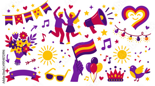 LGBTQ Pride Celebration Elements Set with People and Festive Decorations