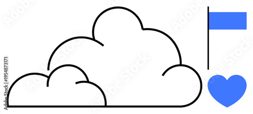 Connectivity, love, support, digital storage, weather online unity. Minimalist cloud with a blue heart and flag. Connectivity and love in digital. Line metaphor. Simple line icons