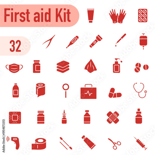 First aid kit icons. A monochrome set of icons dedicated to first aid kits and first aid supplies.