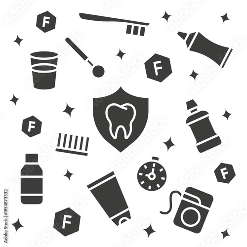 Set of dental instruments and symbol of tooth protection.