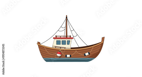 Brown wooden sailboat model on water.