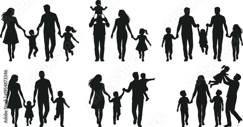 Family silhouettes set with parents and children isolated on white background happy mother father kids standing walking celebrating vector illustration .
