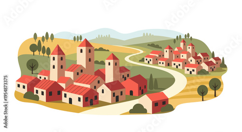 Small town with red roofs clustered.