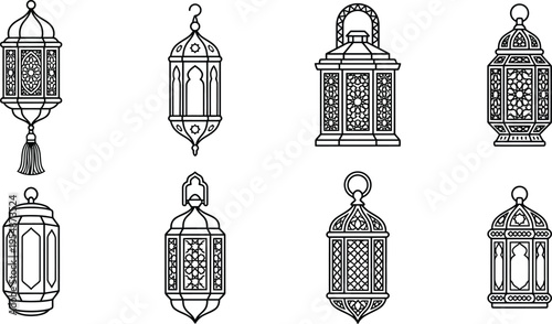 Elegant collection of ramadan lanterns and crescent moons a set of decorative islamic elements for festive celebrations and cultural designs in black 
