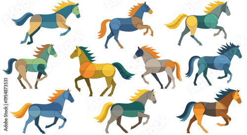 Colorful horses running in motion.