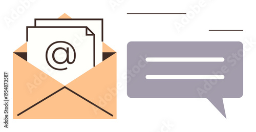 Digital communication, email marketing, online messaging, business correspondence, customer support, notifications. Open envelope with email icon and speech bubble. Digital communication and email