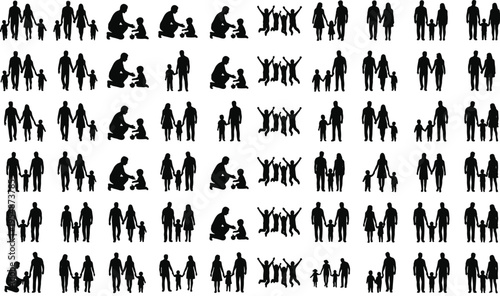 Family Silhouette Collection with Parents and Children Walking, Playing and Holding Hands, Human Lifestyle Vector Illustration Set
