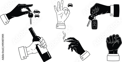 Hand Gesture and Object Silhouette Collection with Car Keys, Bottle, Cigarette and Symbols Vector Illustration Set