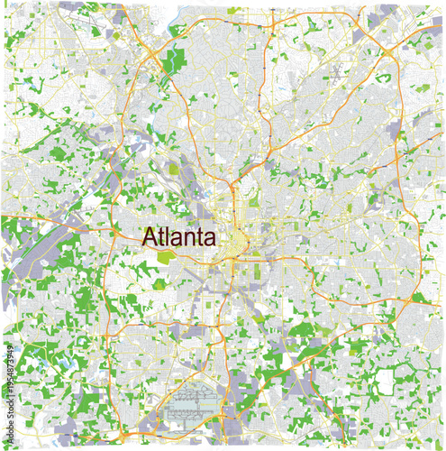 Atlanta Topographic Color Map City in Georgia With Rivers, Lakes, Highways,s and Streets Editable Vector Design