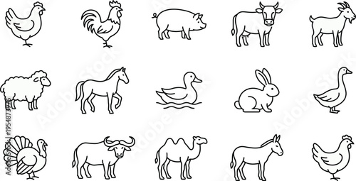 Line art farm animals set isolated on white background, minimal livestock outline collection, thin line rural and agricultural icons, clean monochrome farm design 
