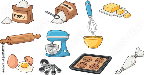 Baking ingredients and kitchen tools vector set including flour sugar butter eggs mixer whisk cookies and pastry essentials illustration