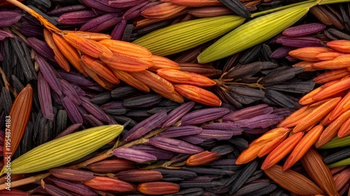 Vibrant Array of Colorful Rice Grains with Varying Shapes and Textures for Culinary and Agricultural Themes