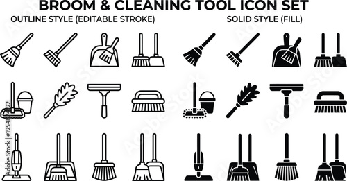 House cleaning tools set flat design vector illustration with broom, mop, brush, dustpan, and whisk
