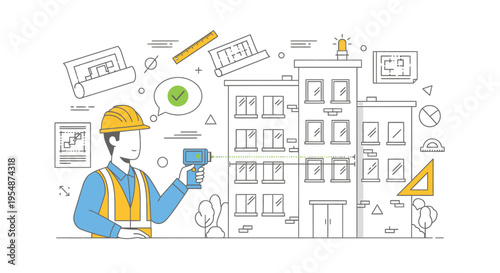 Vector illustration of construction worker with building and tools