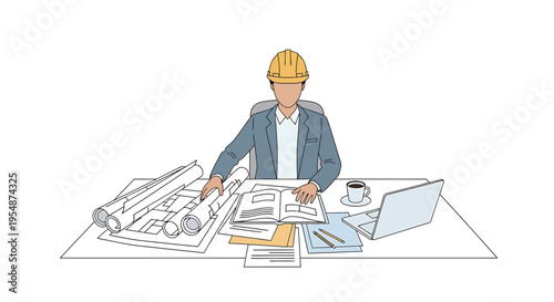 Vector illustration of engineer working on blueprints at desk