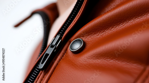 Close-up of a brown leather jacket zipper