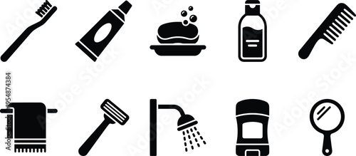 Bathroom essentials icons: hygiene and personal care items
