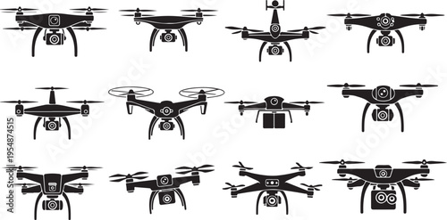 Black and white of various small airplanes and helicopters biplane propeller aircraft