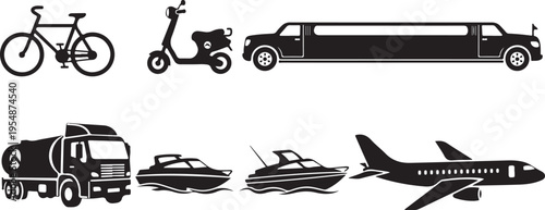 Black and white of various vehicles and transportation modes bicycle tandem bicycle motorcycle